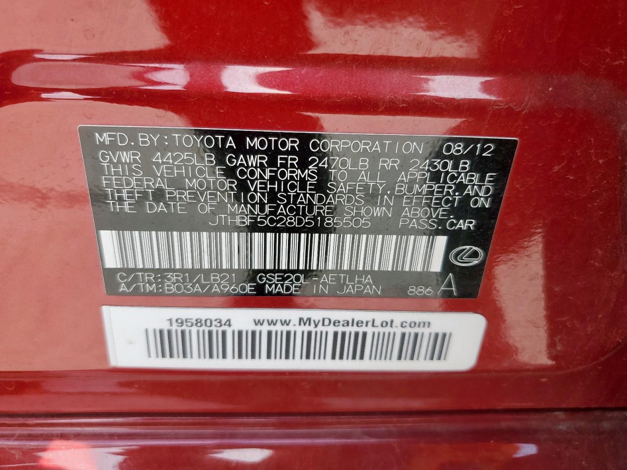 2013 Lexus Is 250 VIN: JTHBF5C28D5185505 Lot: 56994215