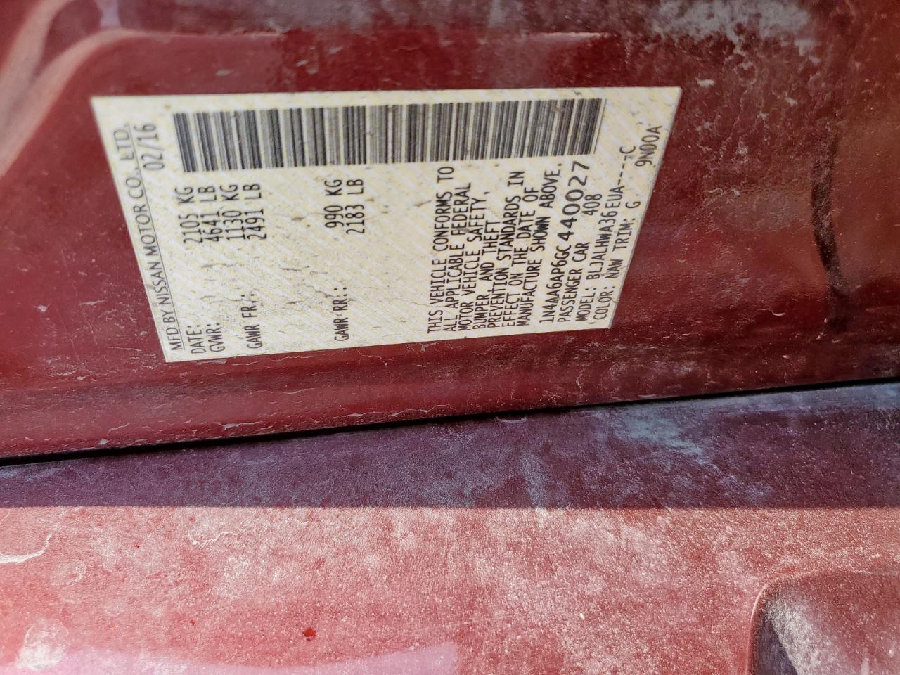 2016 Nissan Maxima 3.5S VIN: 1N4AA6AP6GC440027 Lot: 57484085