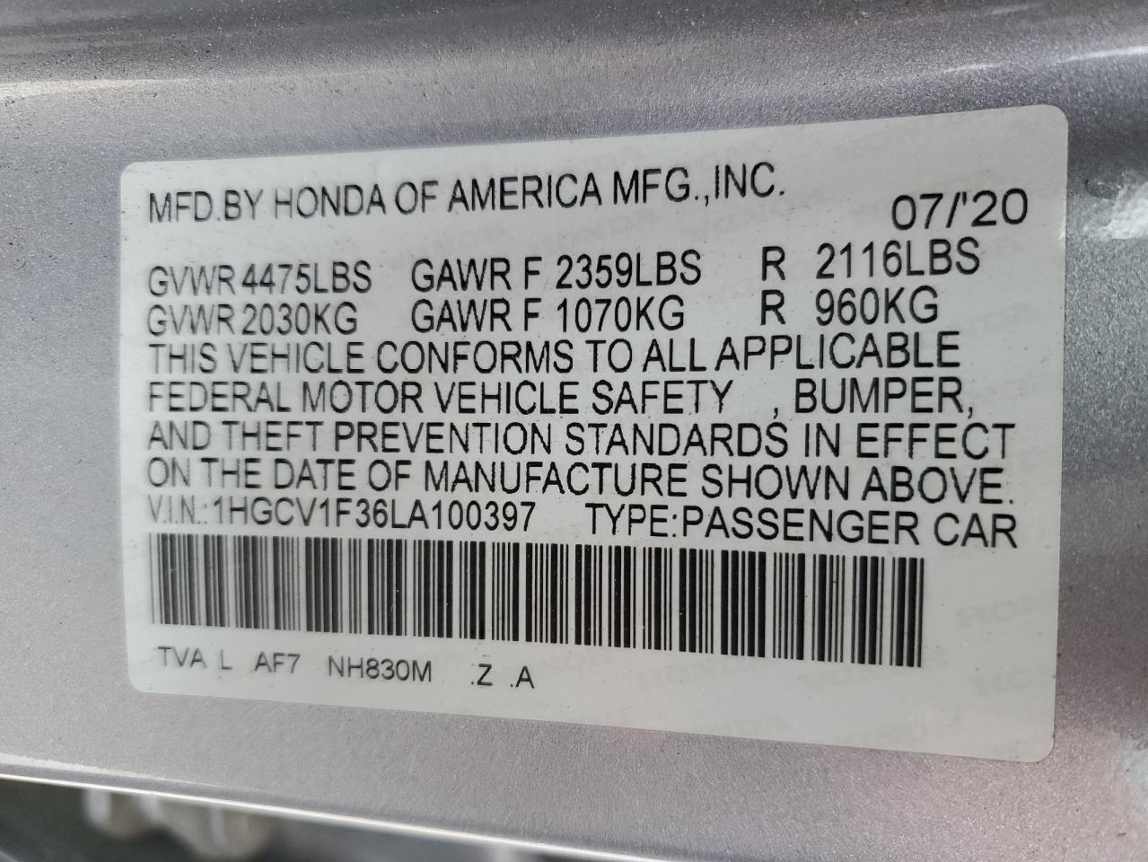 2020 Honda Accord Sport VIN: 1HGCV1F36LA100397 Lot: 58363835