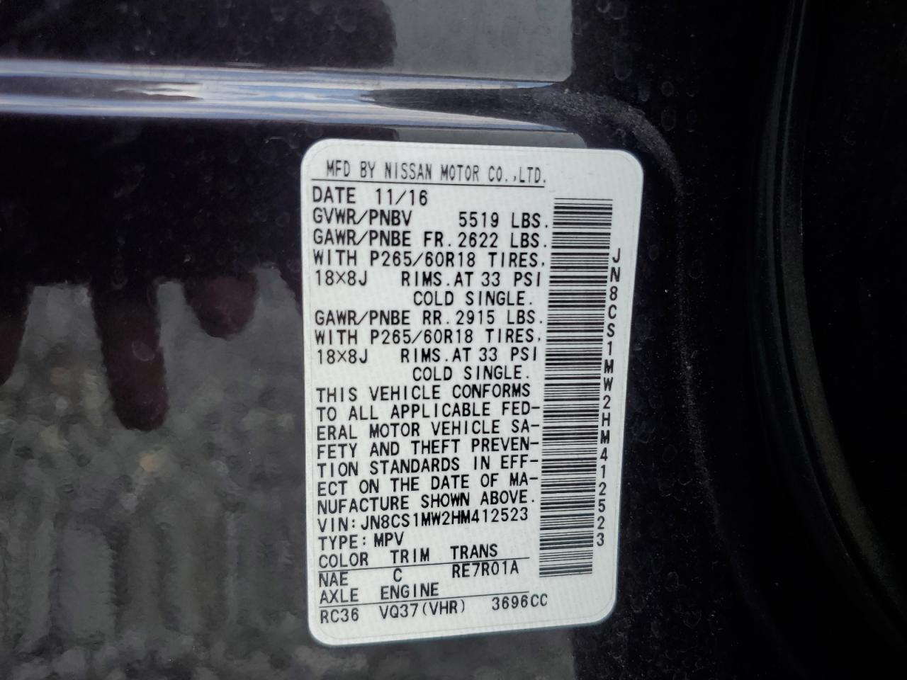 2017 Infiniti Qx70 VIN: JN8CS1MW2HM412523 Lot: 57143005