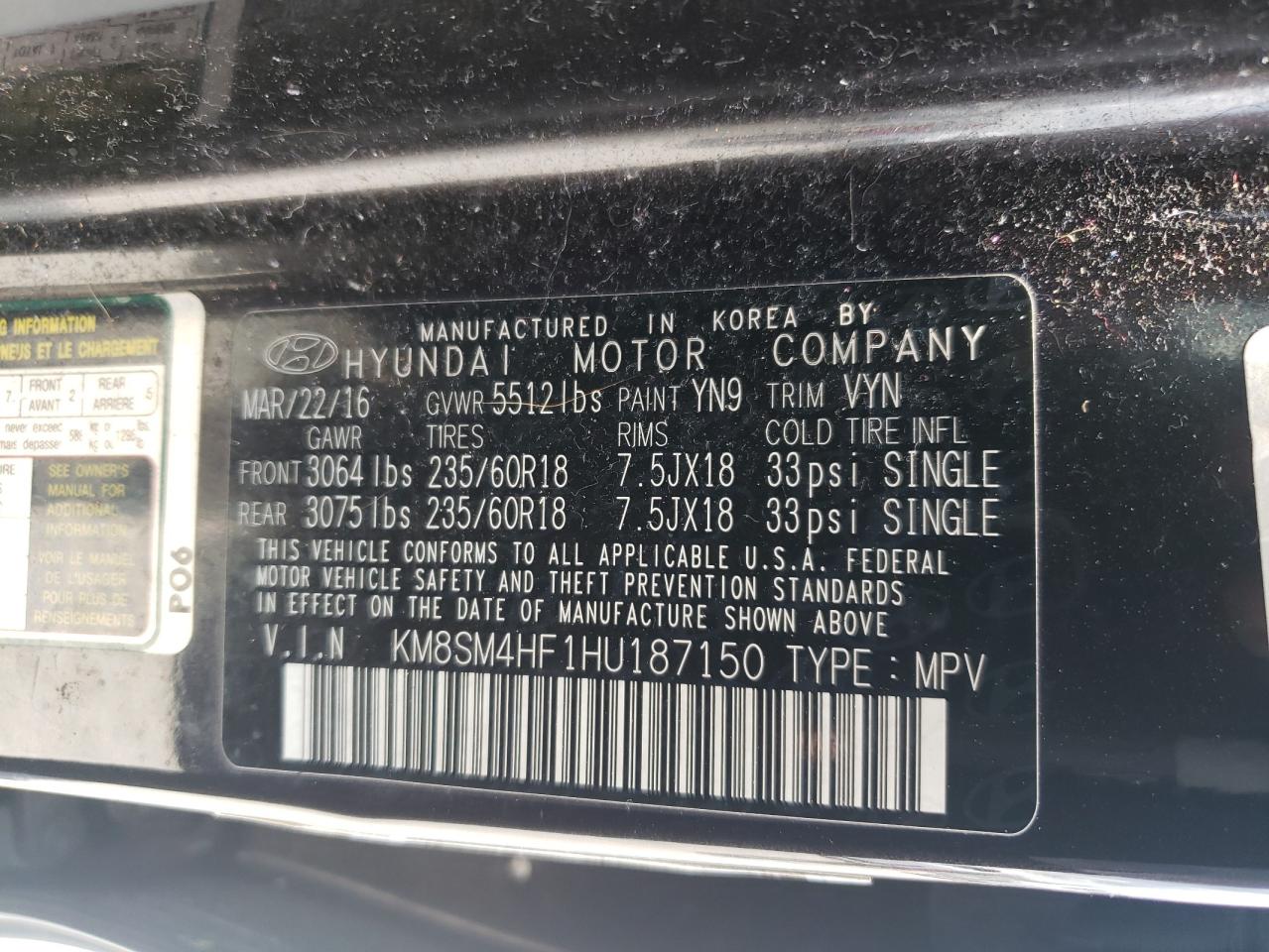 2017 Hyundai Santa Fe Se VIN: KM8SM4HF1HU187150 Lot: 56861955