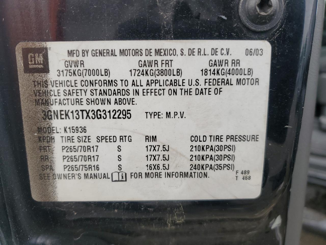 2003 Chevrolet Avalanche K1500 VIN: 3GNEK13TX3G312295 Lot: 57110915