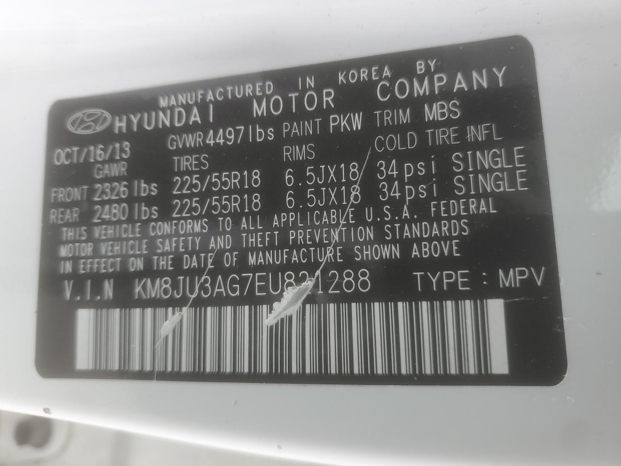 2014 Hyundai Tucson Gls VIN: KM8JU3AG7EU821288 Lot: 58254885
