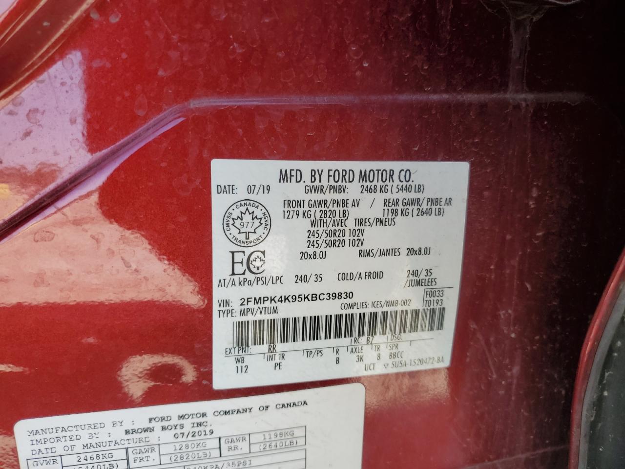 2019 Ford Edge Titanium VIN: 2FMPK4K95KBC39830 Lot: 56363365