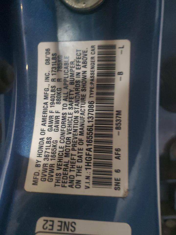 2006 Honda Civic Lx VIN: 1HGFA16556L137086 Lot: 57650775