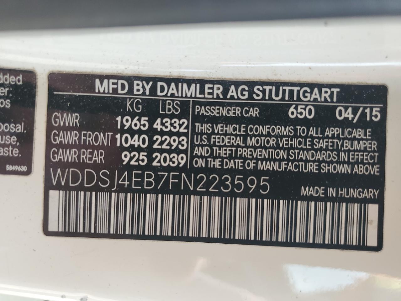 2015 Mercedes-Benz Cla 250 VIN: WDDSJ4EB7FN223595 Lot: 57245215