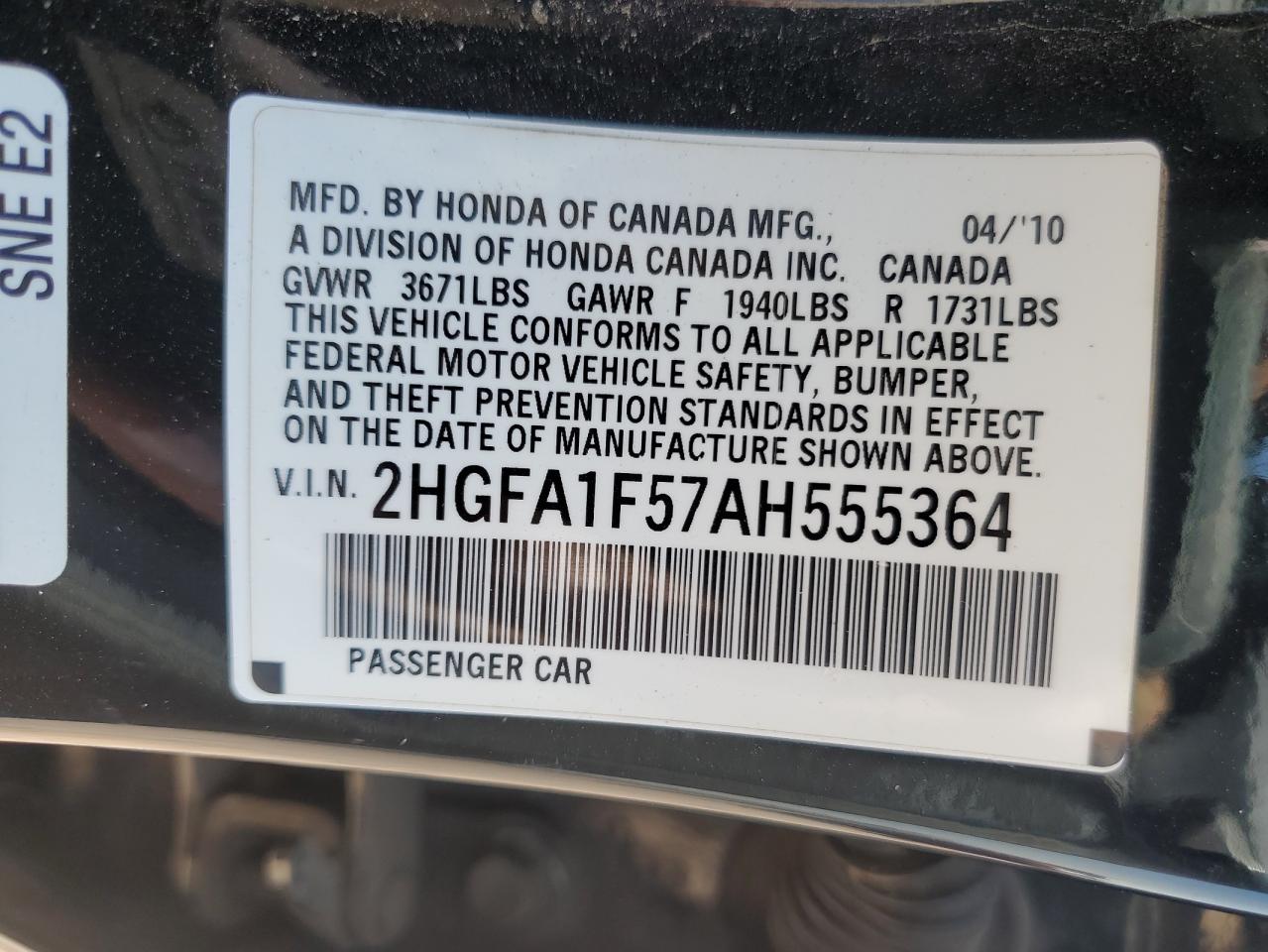 2010 Honda Civic Lx VIN: 2HGFA1F57AH555364 Lot: 56994545