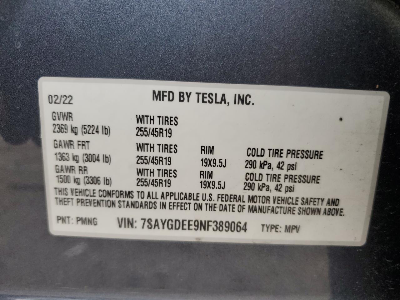 2022 Tesla Model Y VIN: 7SAYGDEE9NF389064 Lot: 54482375