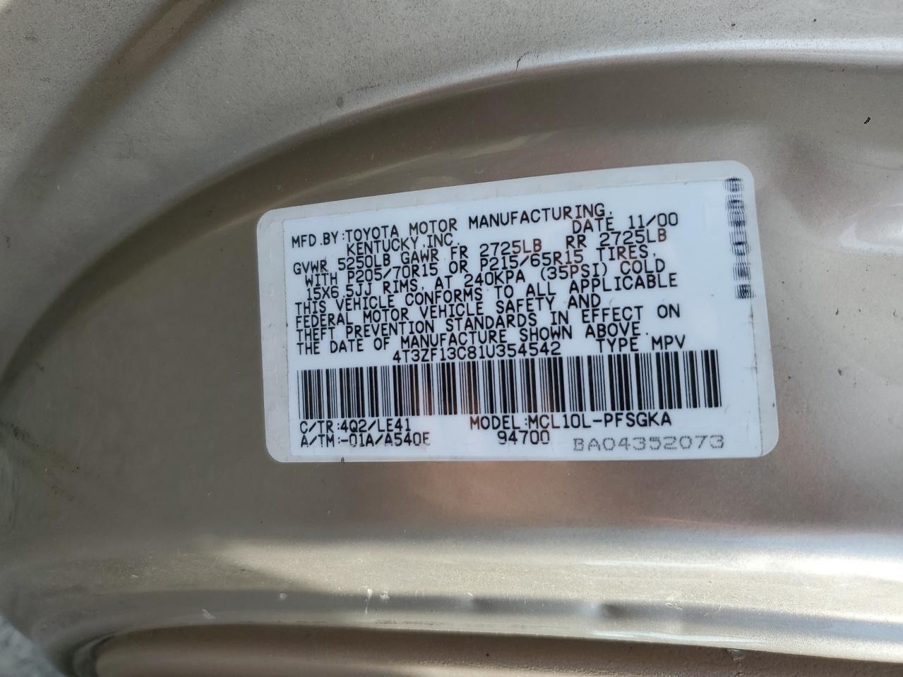 2001 Toyota Sienna Le VIN: 4T3ZF13C81U354542 Lot: 56240605