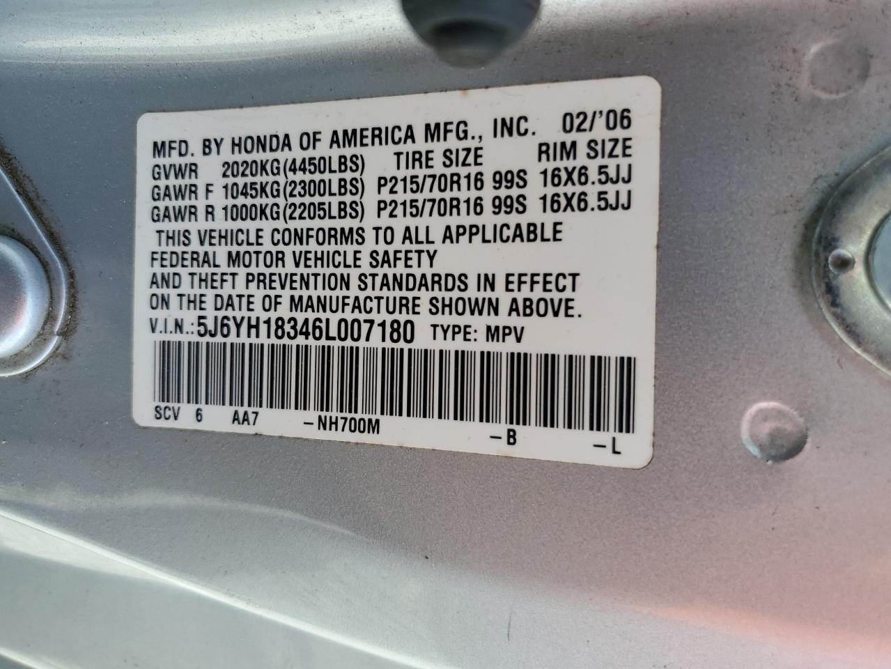 2006 Honda Element Lx VIN: 5J6YH18346L007180 Lot: 55337645