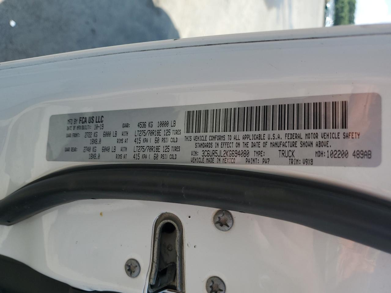 2019 Ram 2500 Big Horn VIN: 3C6UR5JL2KG694080 Lot: 58487515
