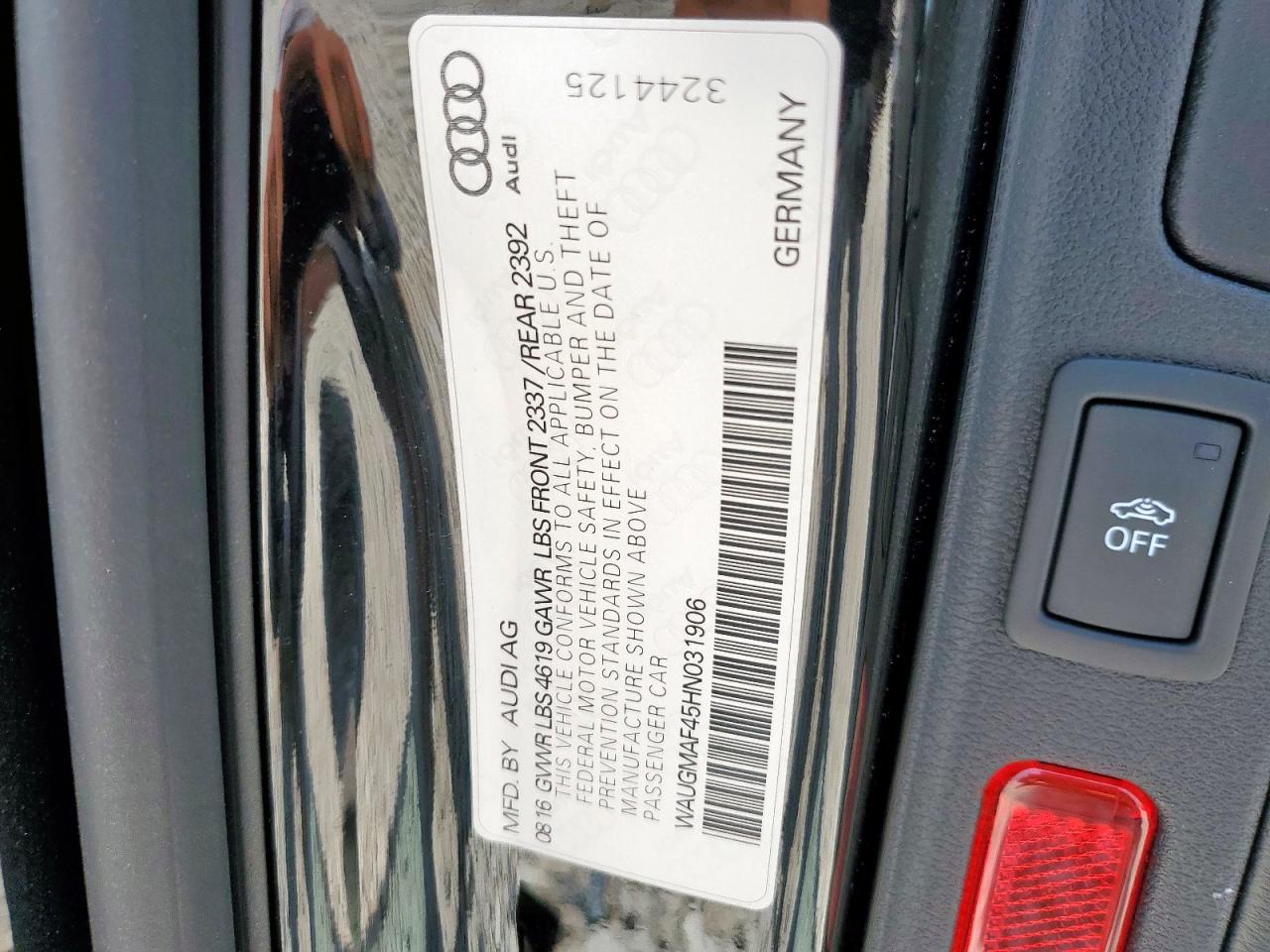 2017 Audi A4 Ultra Premium VIN: WAUGMAF45HN031906 Lot: 55616075