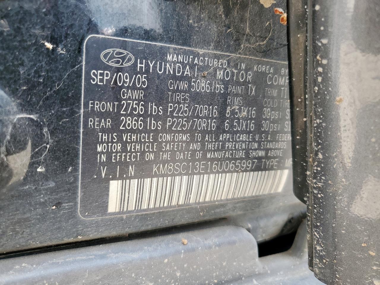 2006 Hyundai Santa Fe Gls VIN: KM8SC13E16U065997 Lot: 57459885