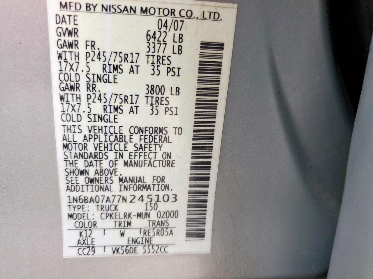 2007 Nissan Titan Xe VIN: 1N6BA07A77N245103 Lot: 56410155