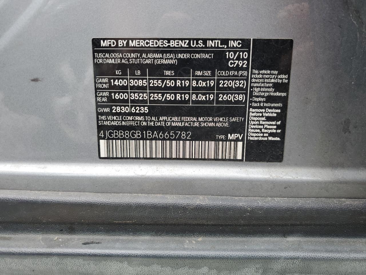 2011 Mercedes-Benz Ml 350 4Matic VIN: 4JGBB8GB1BA665782 Lot: 57139965
