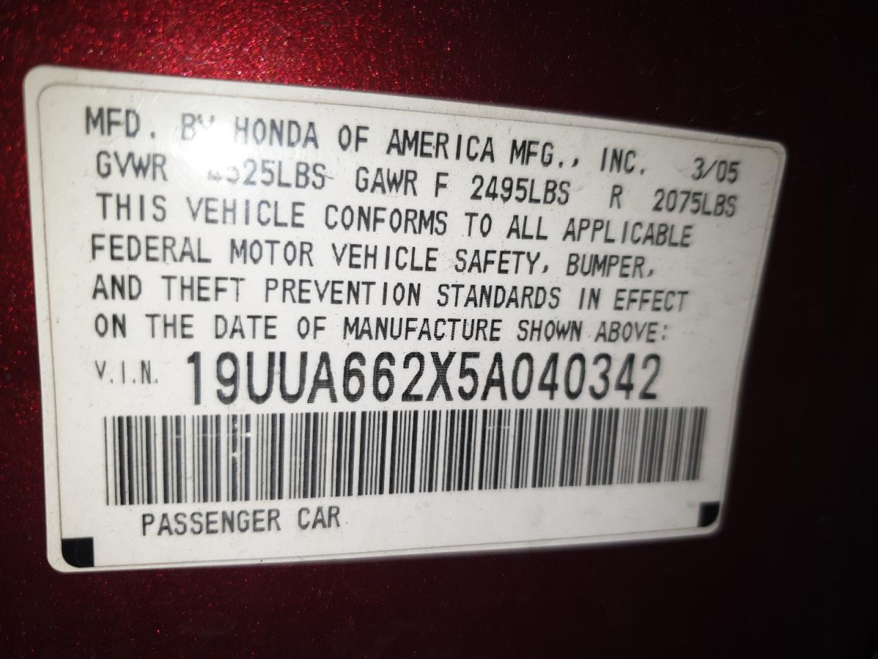 2005 Acura Tl VIN: 19UUA662X5A040342 Lot: 57693075