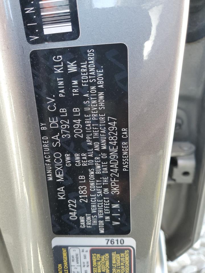2022 Kia Forte Fe VIN: 3KPF24AD9NE482947 Lot: 56692345