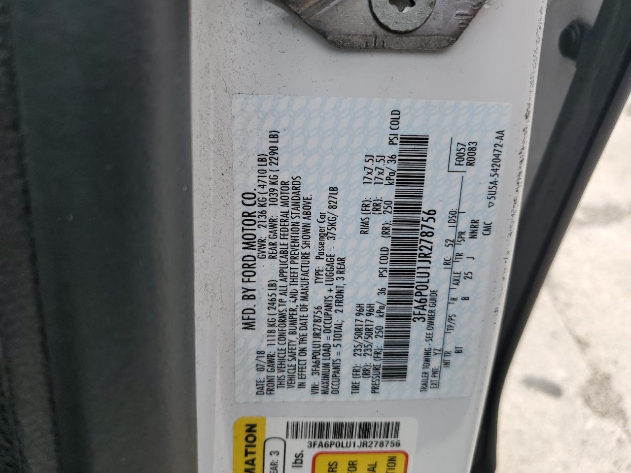 2018 Ford Fusion Se Hybrid VIN: 3FA6P0LU1JR278756 Lot: 55085135