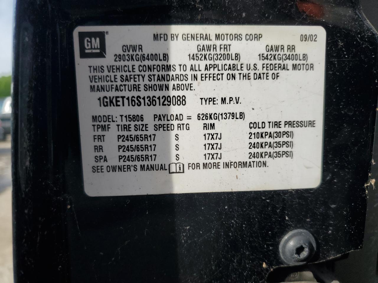 2003 GMC Envoy Xl VIN: 1GKET16S136129088 Lot: 55842055