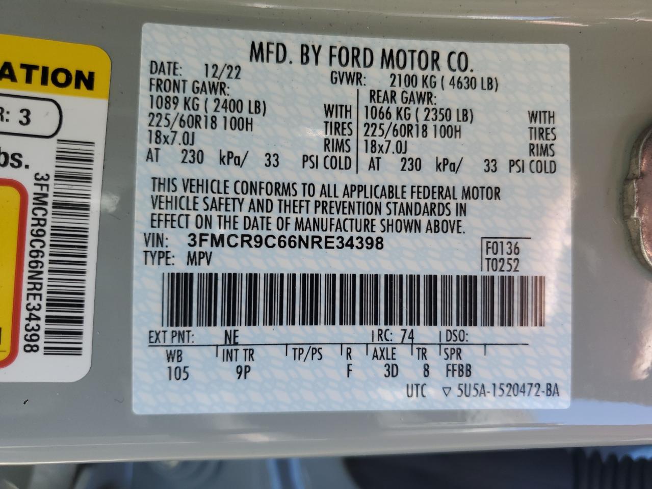 2022 Ford Bronco Sport Outer Banks VIN: 3FMCR9C66NRE34398 Lot: 58268605