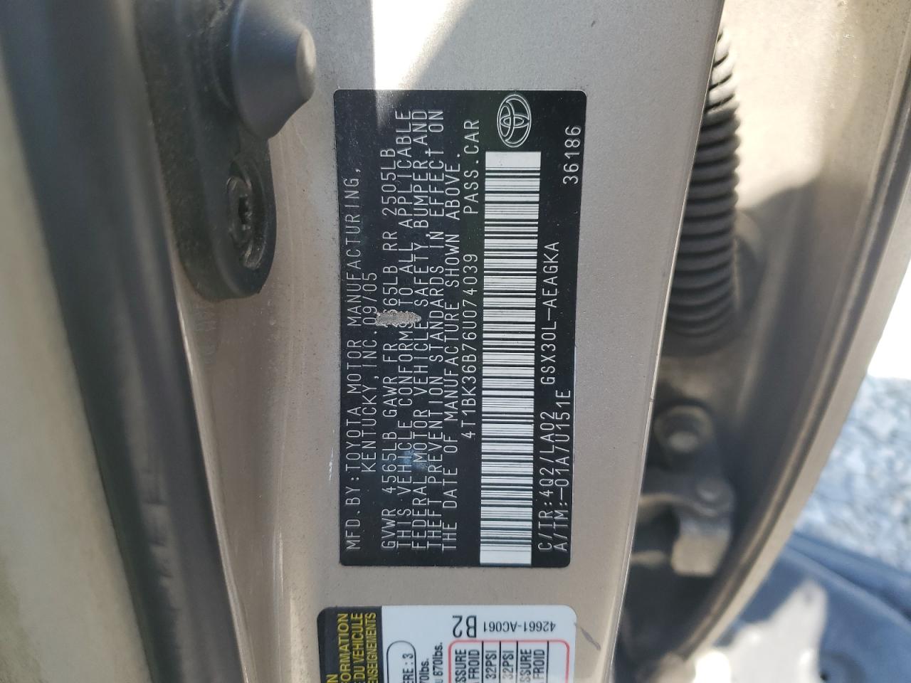 2006 Toyota Avalon Xl VIN: 4T1BK36B76U074039 Lot: 57384035