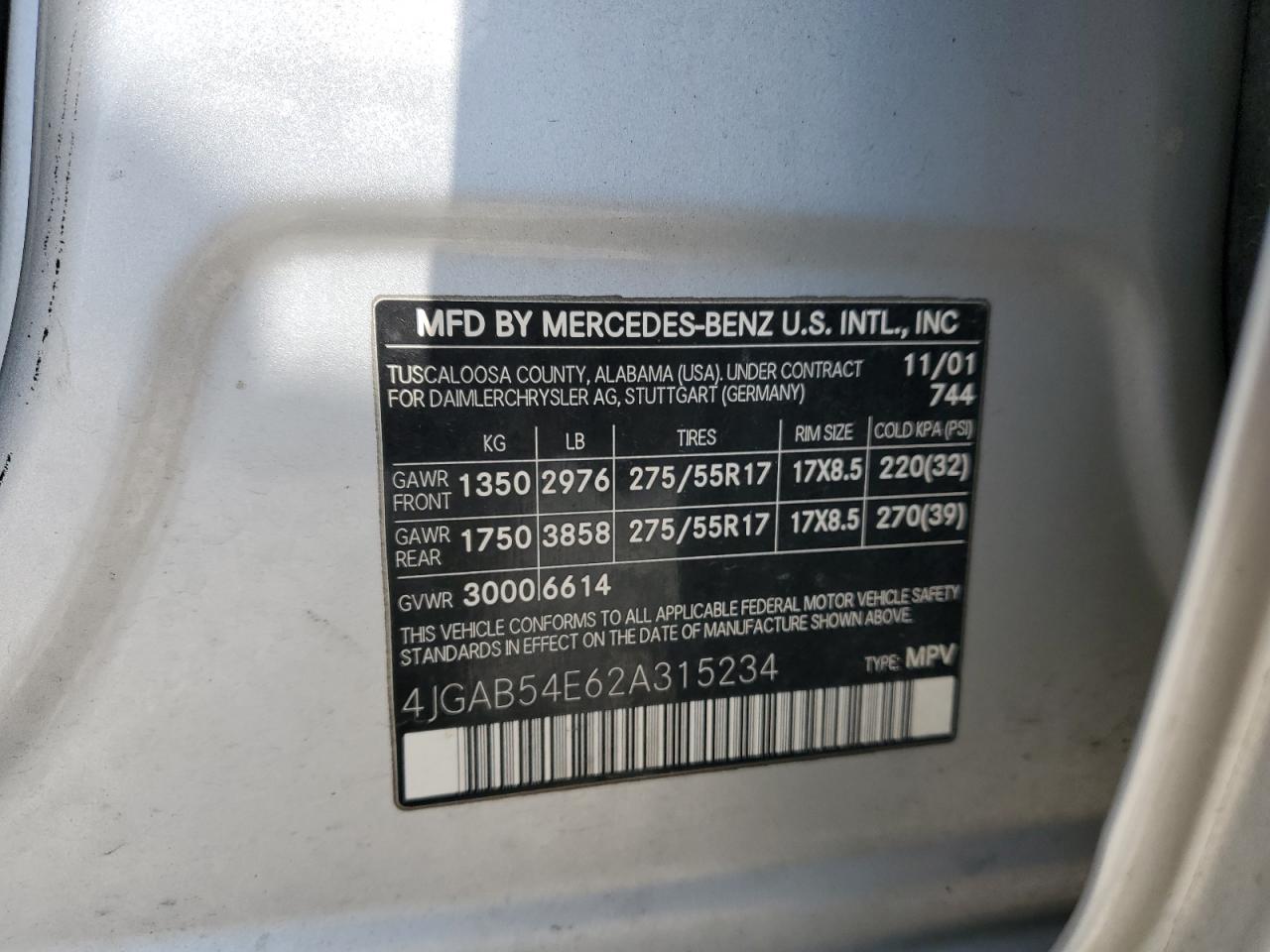 2002 Mercedes-Benz Ml 320 VIN: 4JGAB54E62A315234 Lot: 55457835
