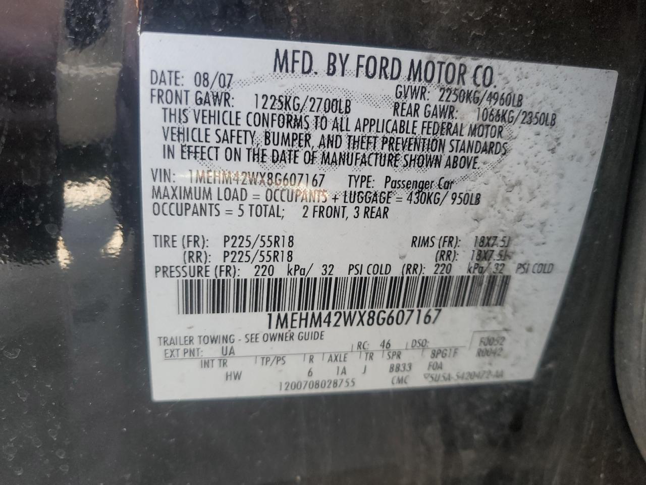2008 Mercury Sable Premier VIN: 1MEHM42WX8G607167 Lot: 57247645