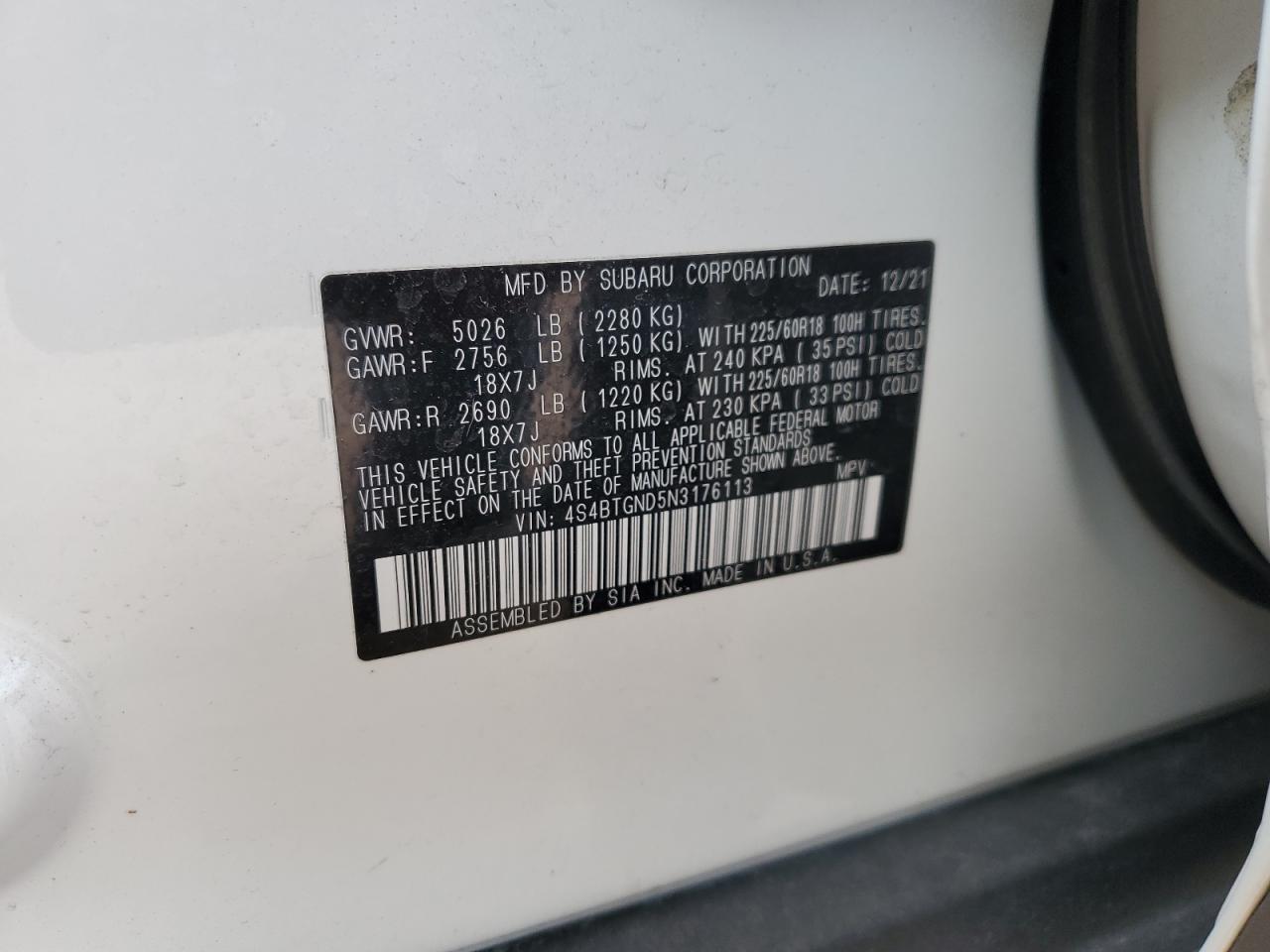 2022 Subaru Outback Limited Xt VIN: 4S4BTGND5N3176113 Lot: 56489845