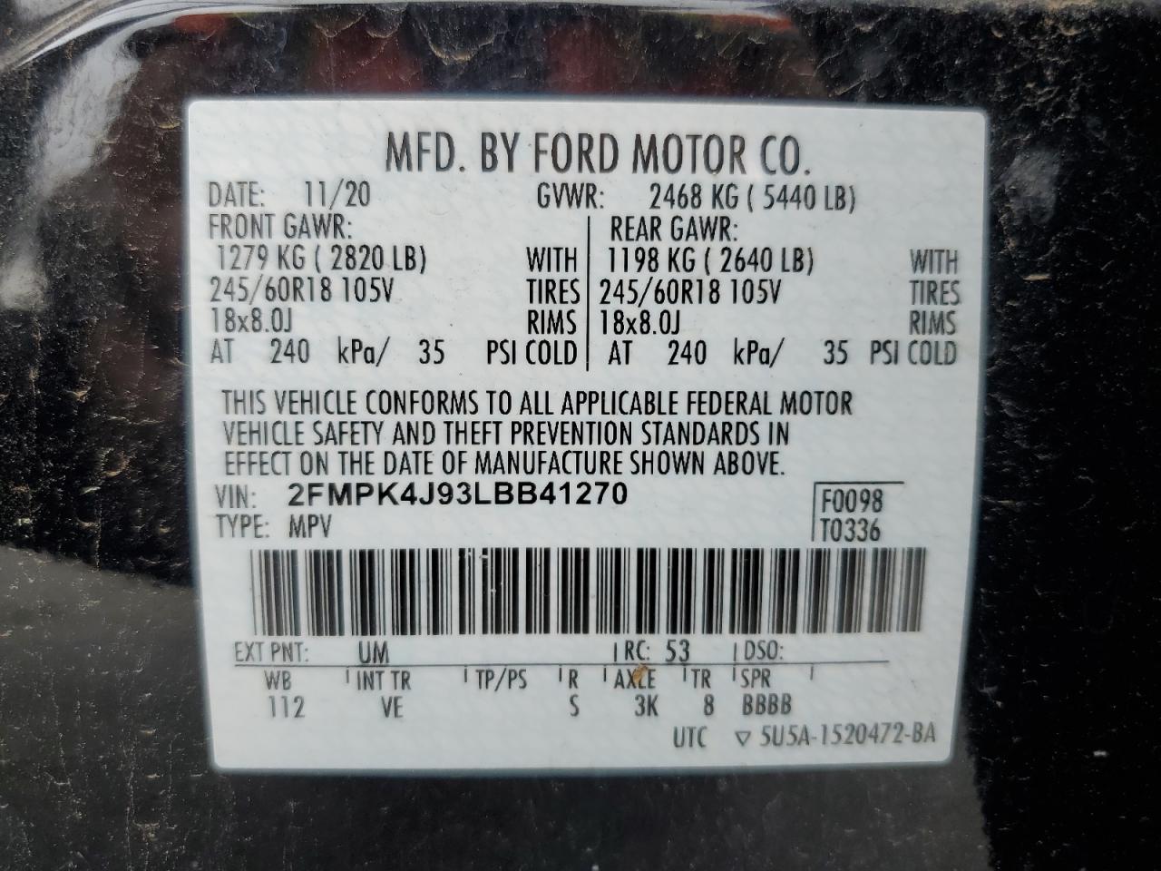 2020 Ford Edge Sel VIN: 2FMPK4J93LBB41270 Lot: 58816045