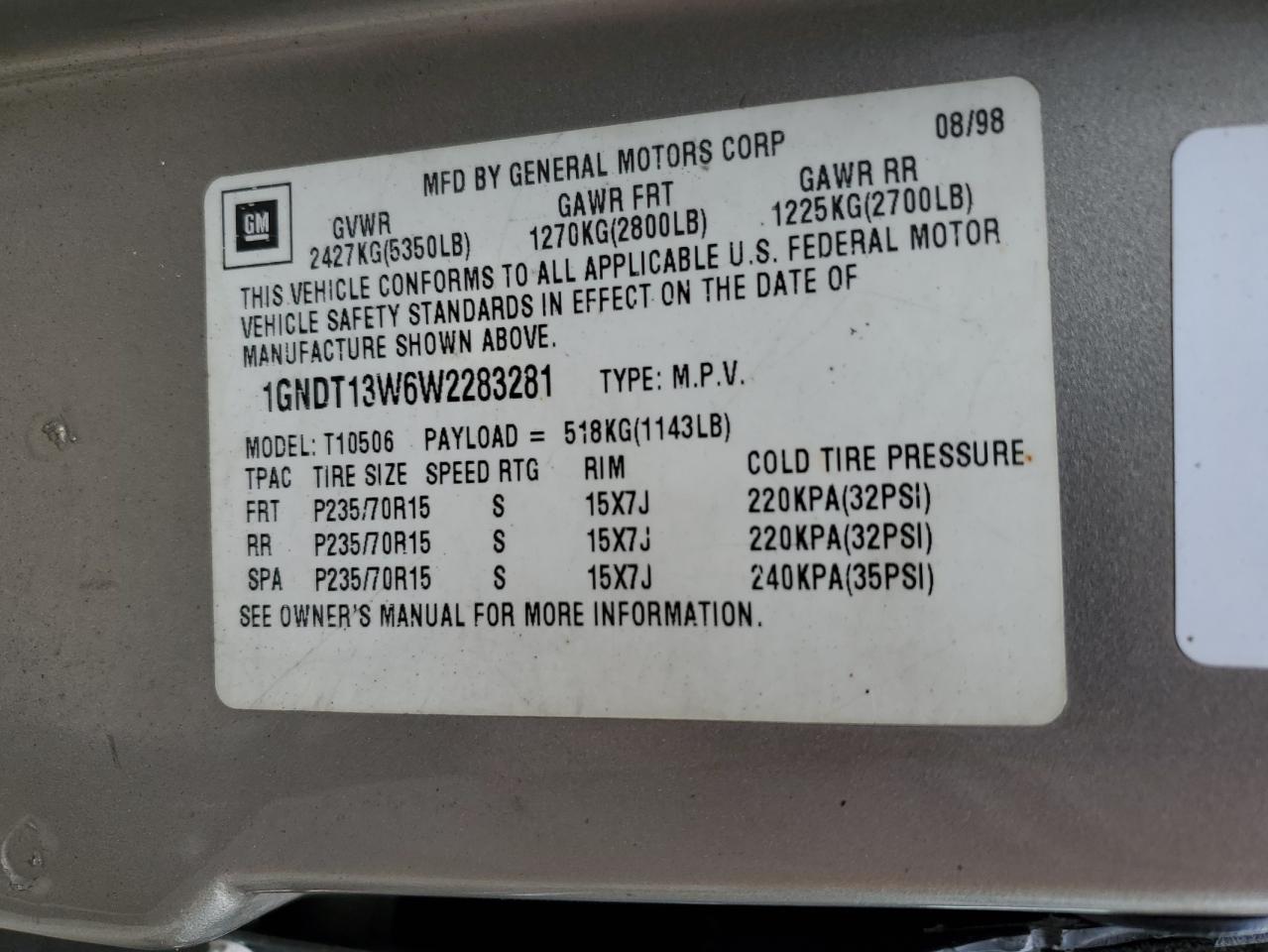 1998 Chevrolet Blazer VIN: 1GNDT13W6W2283281 Lot: 56874835