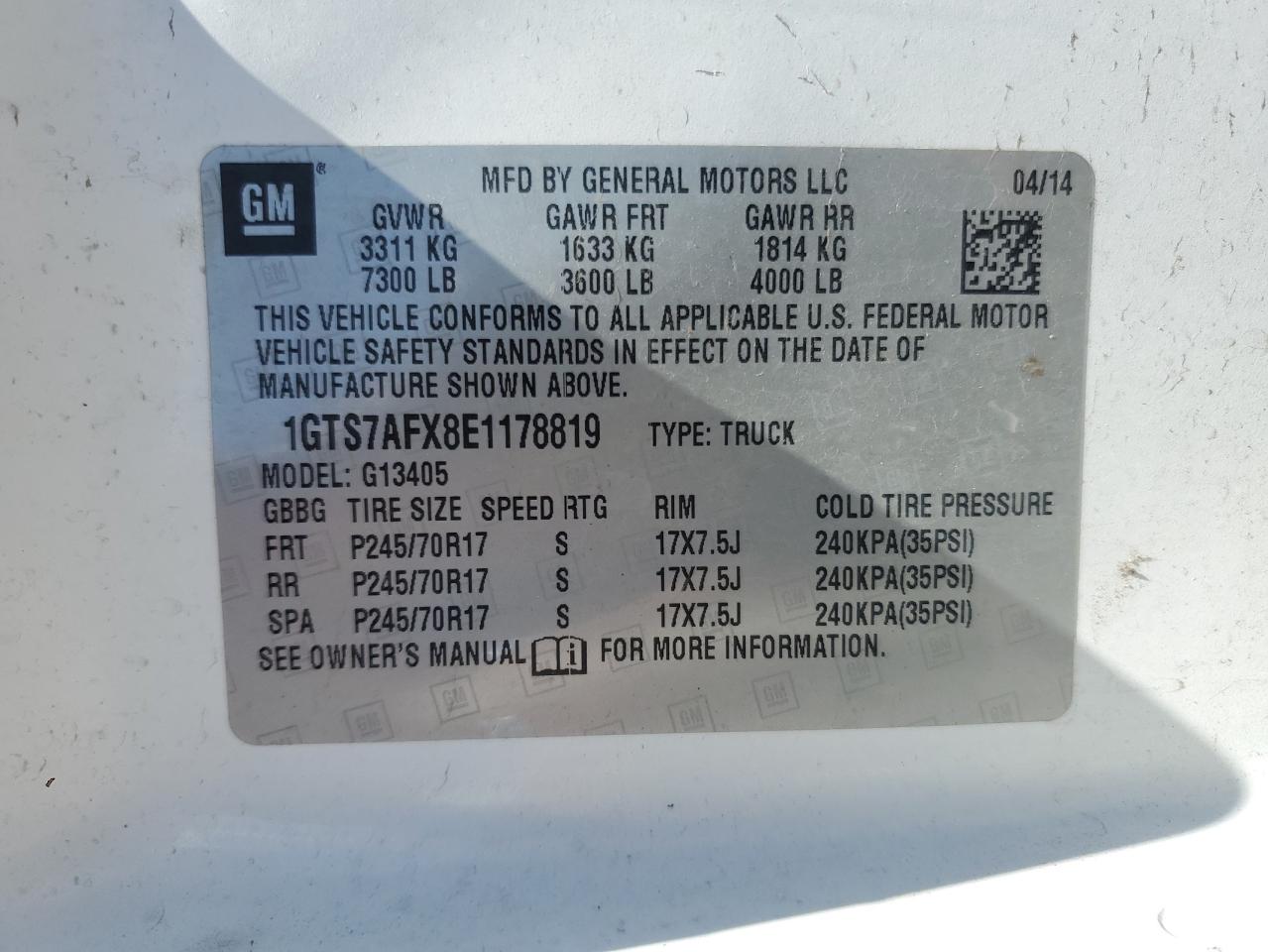 2014 GMC Savana G1500 VIN: 1GTS7AFX8E1178819 Lot: 58940105