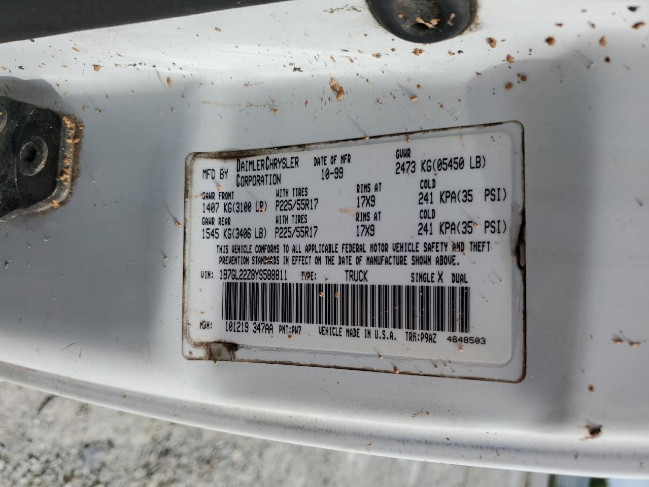 2000 Dodge Dakota VIN: 1B7GL22Z8YS588811 Lot: 57253645