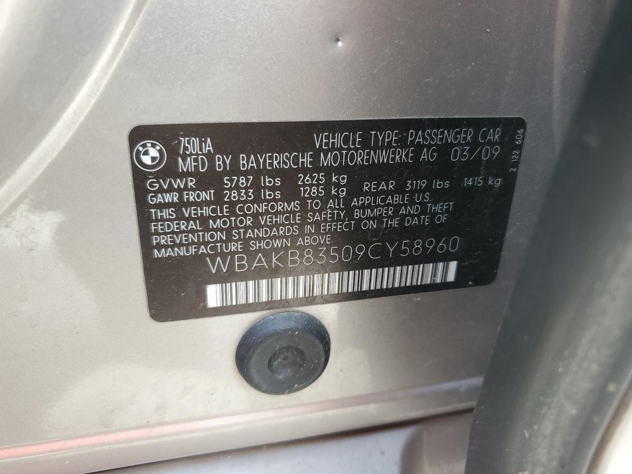 2009 BMW 750 Li VIN: WBAKB83509CY58960 Lot: 58080265