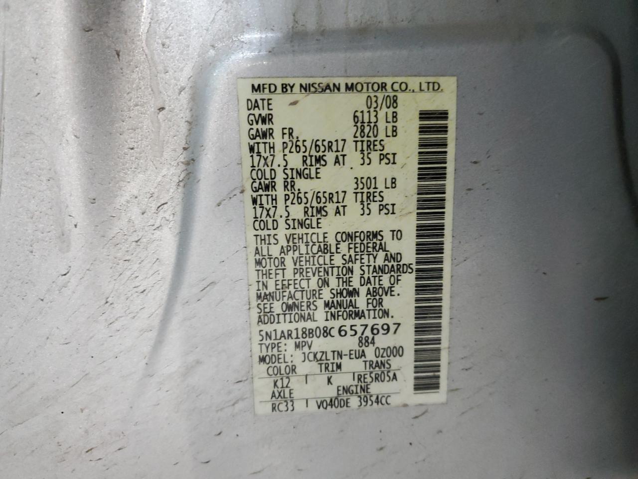 2008 Nissan Pathfinder S VIN: 5N1AR18B08C657697 Lot: 56545055