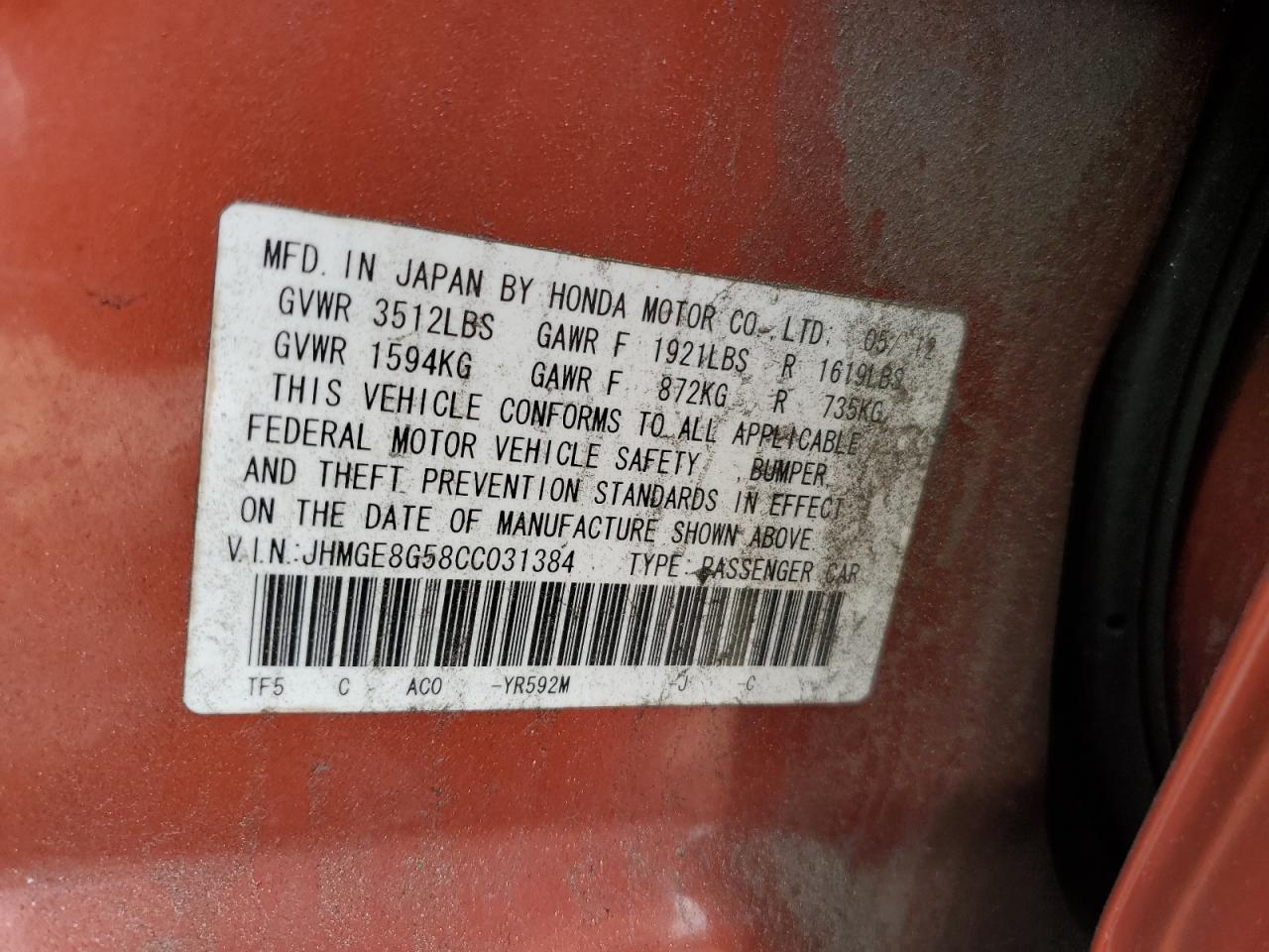 2012 Honda Fit Sport VIN: JHMGE8G58CC031384 Lot: 56018145