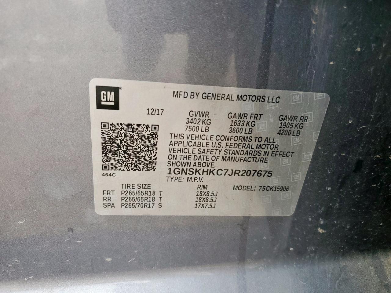 2018 Chevrolet Suburban K1500 Lt VIN: 1GNSKHKC7JR207675 Lot: 58003885