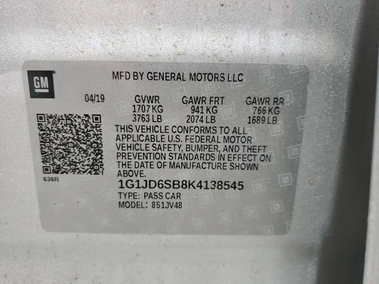 2019 Chevrolet Sonic Lt VIN: 1G1JD6SB8K4138545 Lot: 58020485
