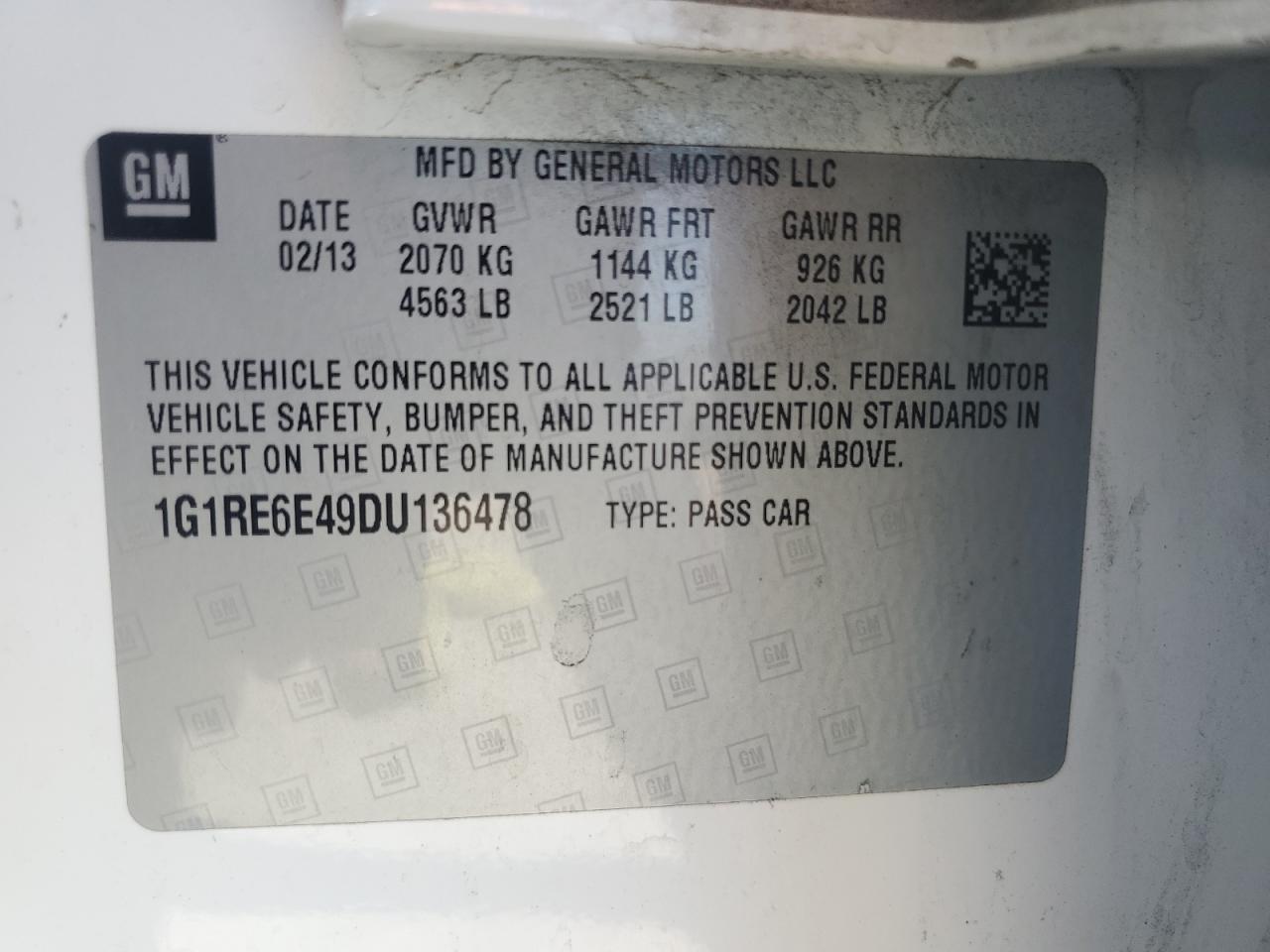 2013 Chevrolet Volt VIN: 1G1RE6E49DU136478 Lot: 57271215