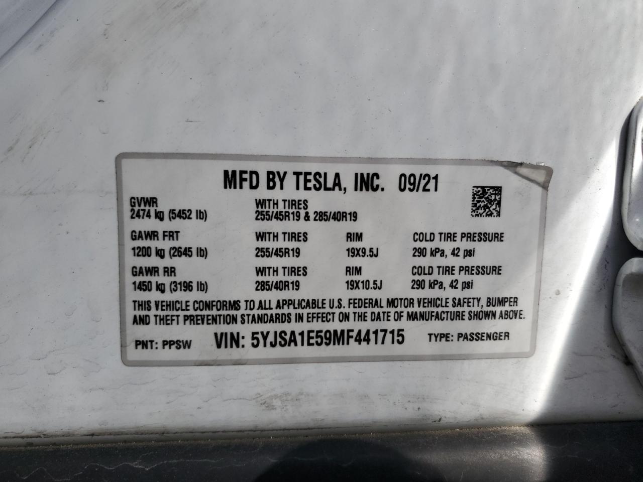 2021 Tesla Model S VIN: 5YJSA1E59MF441715 Lot: 56667755