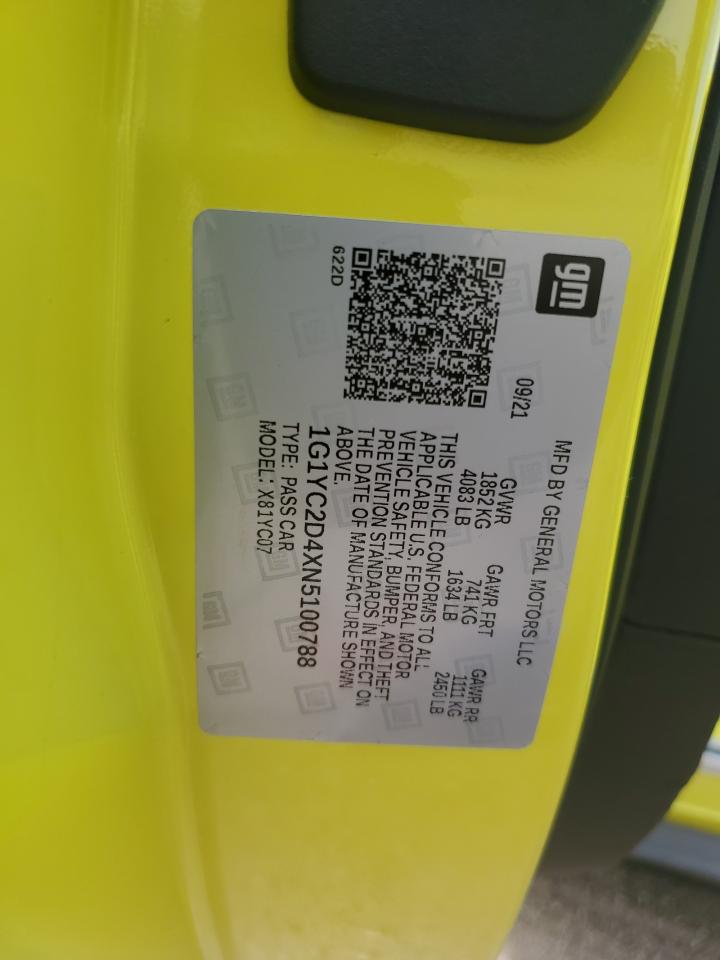 2022 Chevrolet Corvette Stingray 3Lt VIN: 1G1YC2D4XN5100788 Lot: 56318755