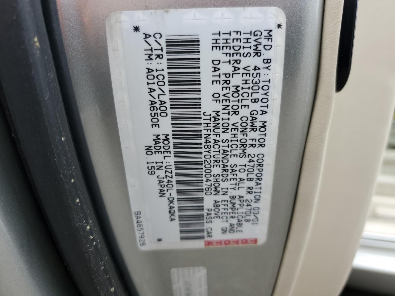 2002 Lexus Sc 430 VIN: JTHFN48Y020004760 Lot: 56487275