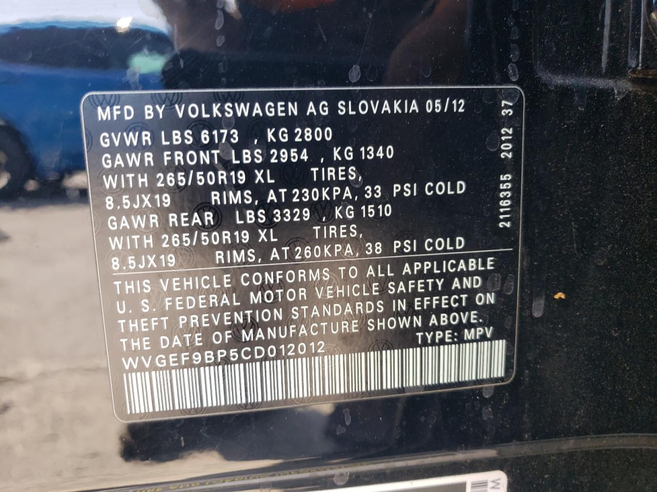 2012 Volkswagen Touareg V6 VIN: WVGEF9BP5CD012012 Lot: 55455625