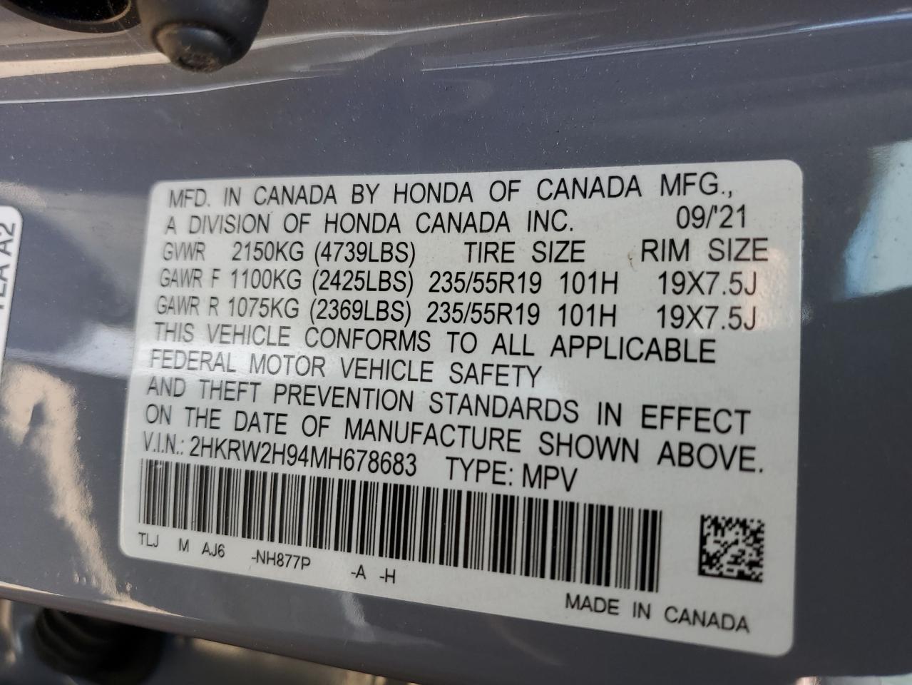 2021 Honda Cr-V Touring VIN: 2HKRW2H94MH678683 Lot: 56994485