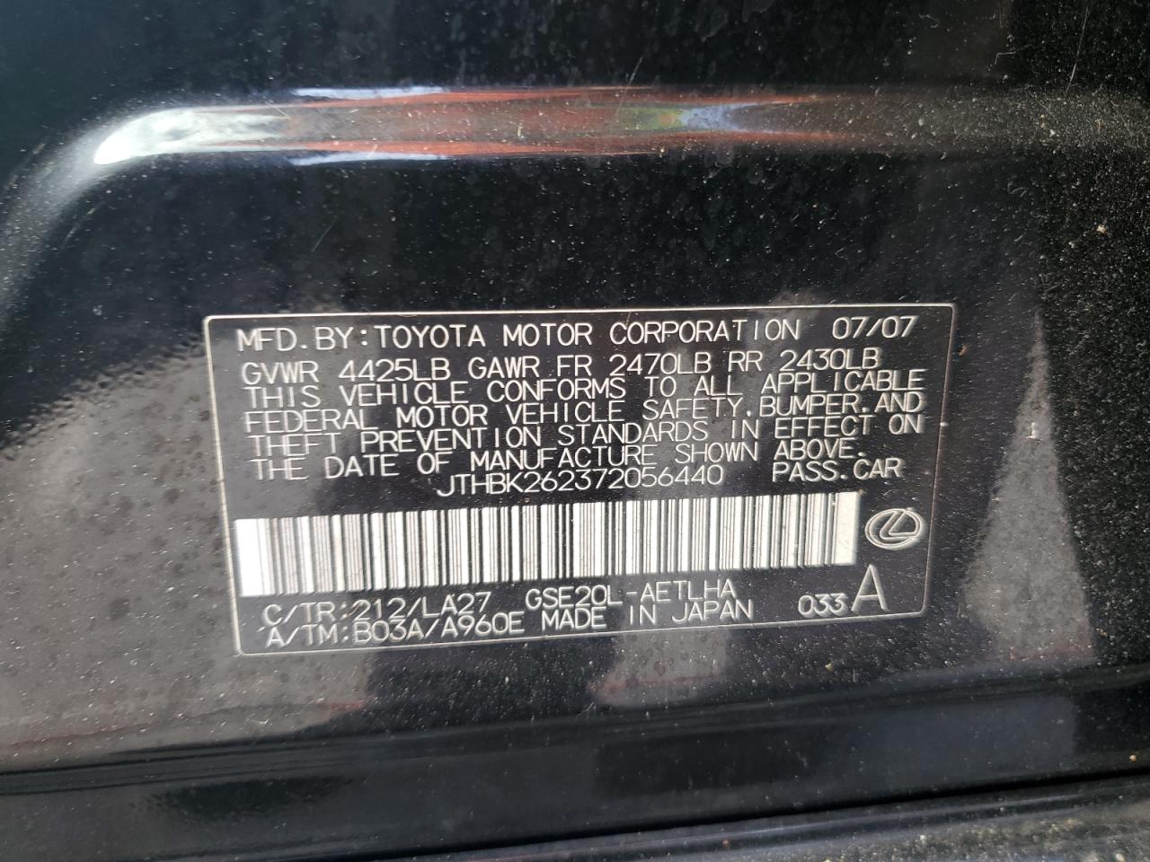 2007 Lexus Is 250 VIN: JTHBK262372056440 Lot: 56756815
