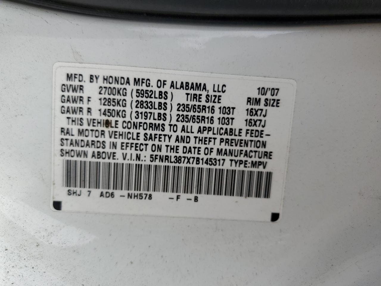 2007 Honda Odyssey Exl VIN: 5FNRL387X7B145317 Lot: 56540795