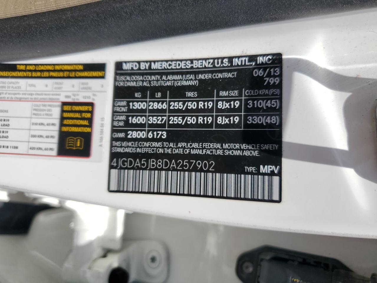 2013 Mercedes-Benz Ml 350 VIN: 4JGDA5JB8DA257902 Lot: 56414375