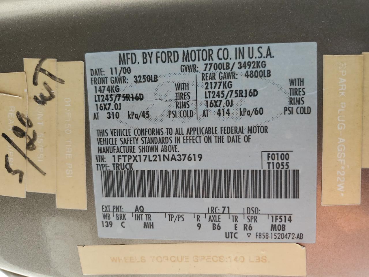 2001 Ford F150 VIN: 1FTPX17L21NA37619 Lot: 56922485