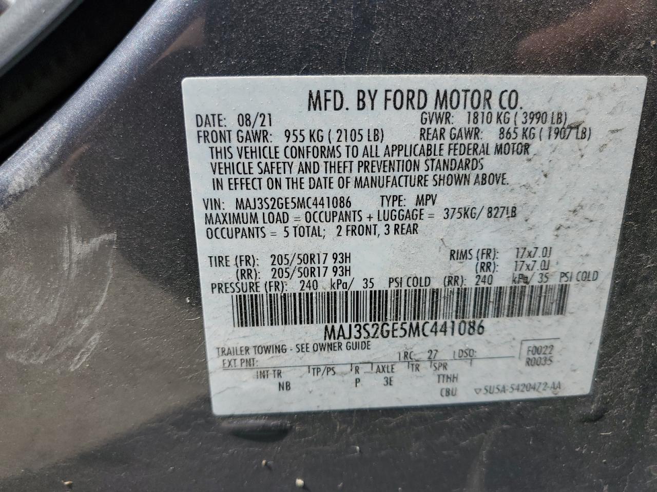 2021 Ford Ecosport Se VIN: MAJ3S2GE5MC441086 Lot: 55814955