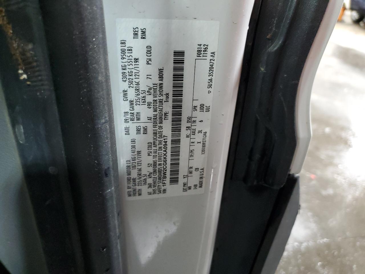 2019 Ford Transit T-350 VIN: 1FTBW2CG6KKA09417 Lot: 57464785