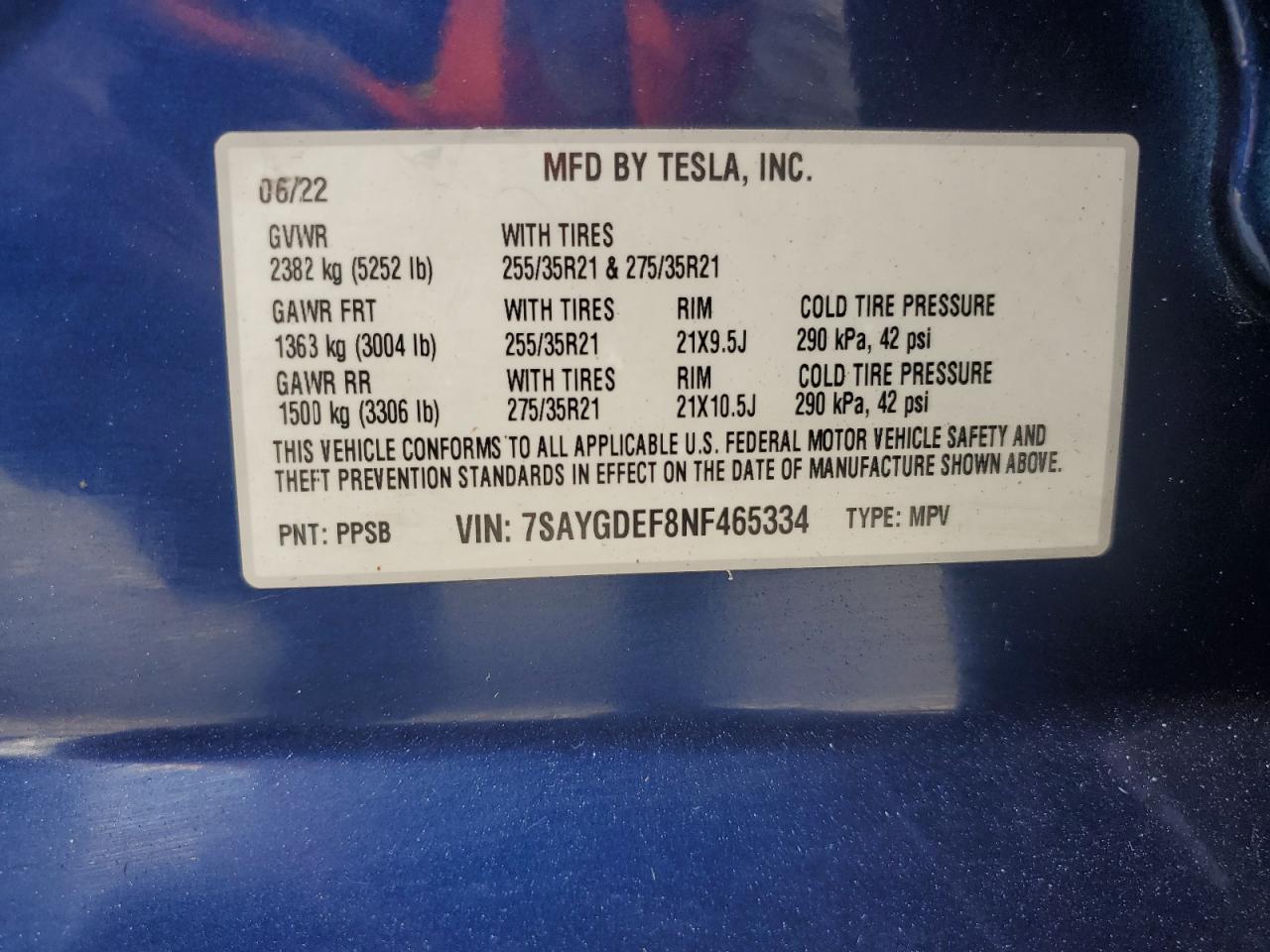 2022 Tesla Model Y VIN: 7SAYGDEF8NF465334 Lot: 58889255